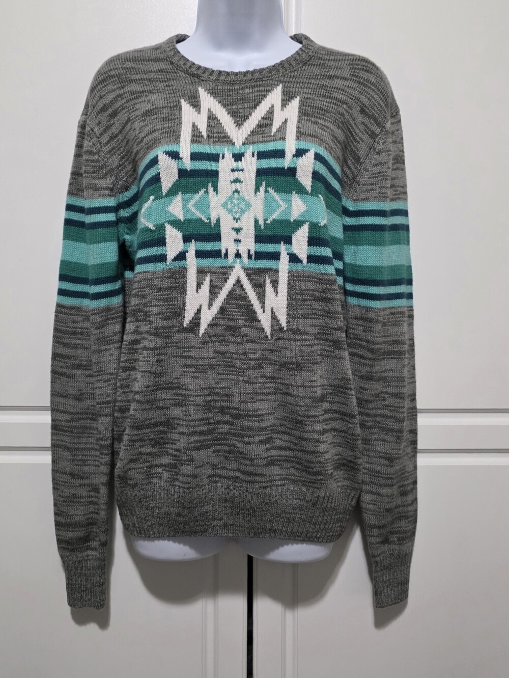 Carbon Gray Teal White Marled Knit Pull Over Sweater Aztec Geometric Unisex S